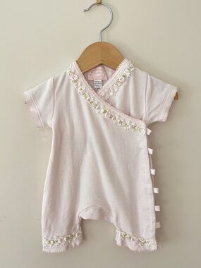 BABY BISCOTTI Blush Pink Heirloom Kimono Style Romper w/ Ribbon & Rosette Detail